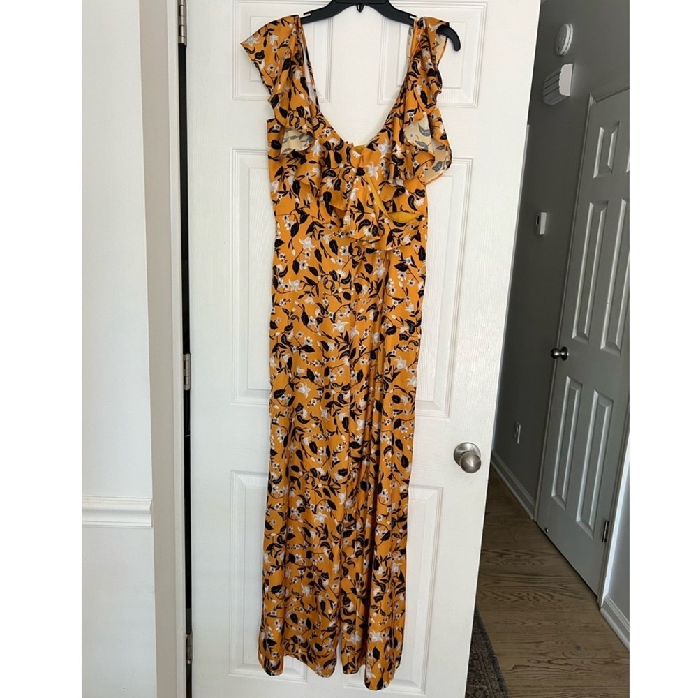 Tularosa Mustard Yellow Floral Ruffle Wide Leg Jumpsuit Size L